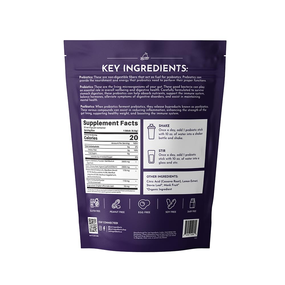 JUST INGREDIENTS Elderberry Lemonade 3-in-1 Probiotic Complex - Prebiotics, Probiotics & Postbiotics - 30 Sticks JUST INGREDIENTS Au supplements