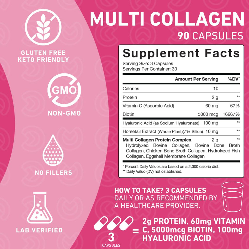 PUREFINITY Collagen Peptides for Women – Type I, II, III, V & X with Biotin & Hyaluronic Acid, Supports Healthy Skin, Bones, Hair & Nails – Non-GMO, Grass-Fed (90 Capsules, 1 Month Supply) PUREFINITY Au supplements