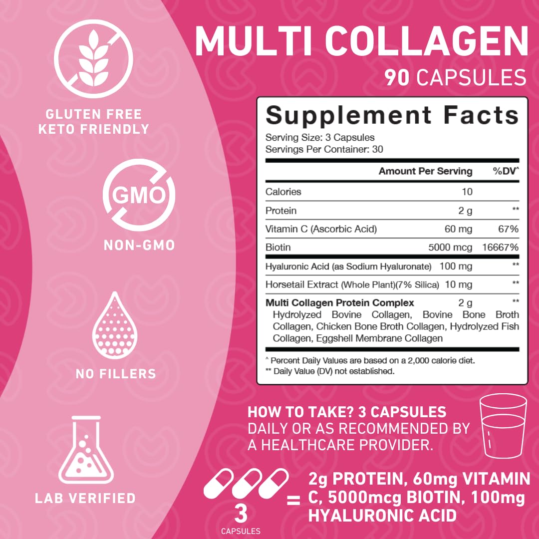 PUREFINITY Collagen Peptides for Women – Type I, II, III, V & X with Biotin & Hyaluronic Acid, Supports Healthy Skin, Bones, Hair & Nails – Non-GMO, Grass-Fed (90 Capsules, 1 Month Supply) PUREFINITY Au supplements