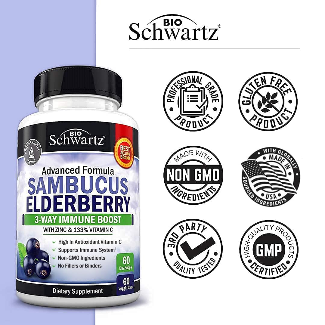 Elderberry Capsules with Zinc and Vitamin C for Adults - Immune Support Vitamins for Women and Men - Black Sambucus Elderberry Vitamin C and Zinc