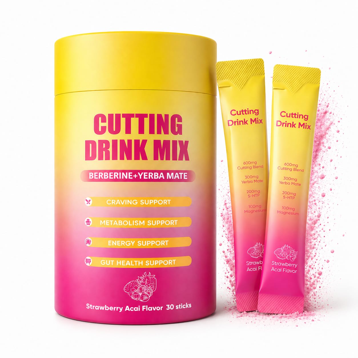 PlocoXe Cutting Drink Mix with Berberine, Chromium, 5-HTP, Yerba Mate & Magnesium - Dual-Action Craving & Gut Health | Strawberry Acai Flavor,Vegan,
