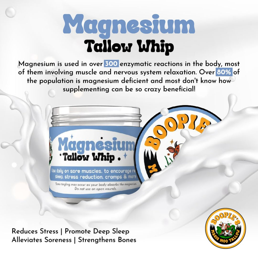 Magic Moo Magnesium Whipped Tallow Skincare for sore muscles, sleep, muscle and period cramps, stress, relaxation & more. Topical magnesium that works. Boopie's Magic Moo Tallow Au supplements
