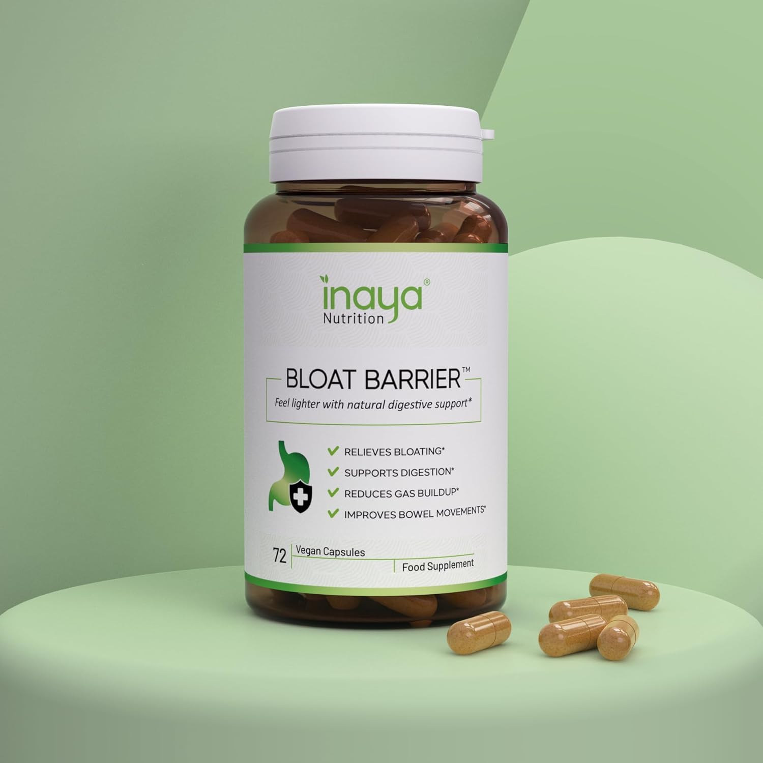 Inaya Nutrition BloatBarrier 72 Capsules - Natural Digestion and Bloating Supplement for Stomach Bloating Relief, Gas Reduction, and Improved Bowel Movements