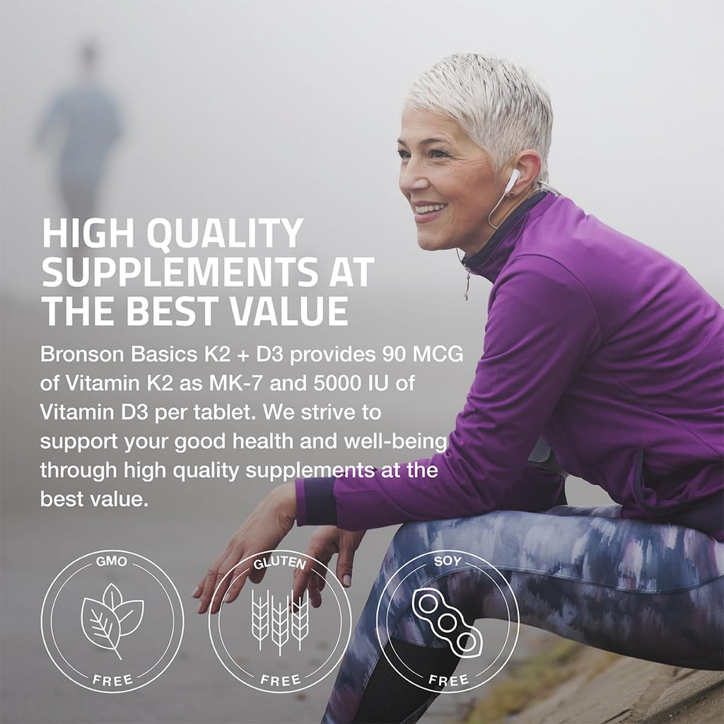 Bronson Vitamin K2 D3 (MK7) Supplement Non-GMO Formula Vitamin D3 5000IU (125 mcg) & 90 mcg K2 MK-7, Easy to Swallow D