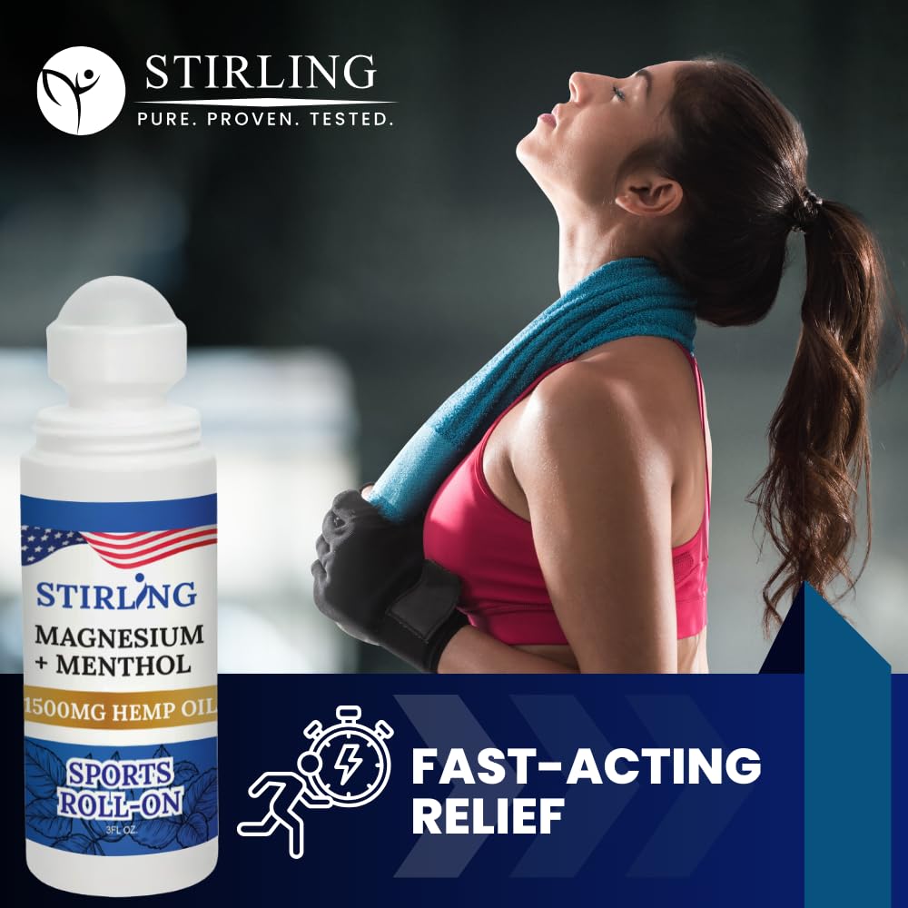 Stirling Menthol Roll On Lotion with Magnesium and 1500mg Pure Hemp - Non-GMO, THC-Free - Fast-Acting Relief for Sore Muscles and Joints, Reduces Swelling and Redness, Promotes Post-Workout Recovery STIRLING Au supplements