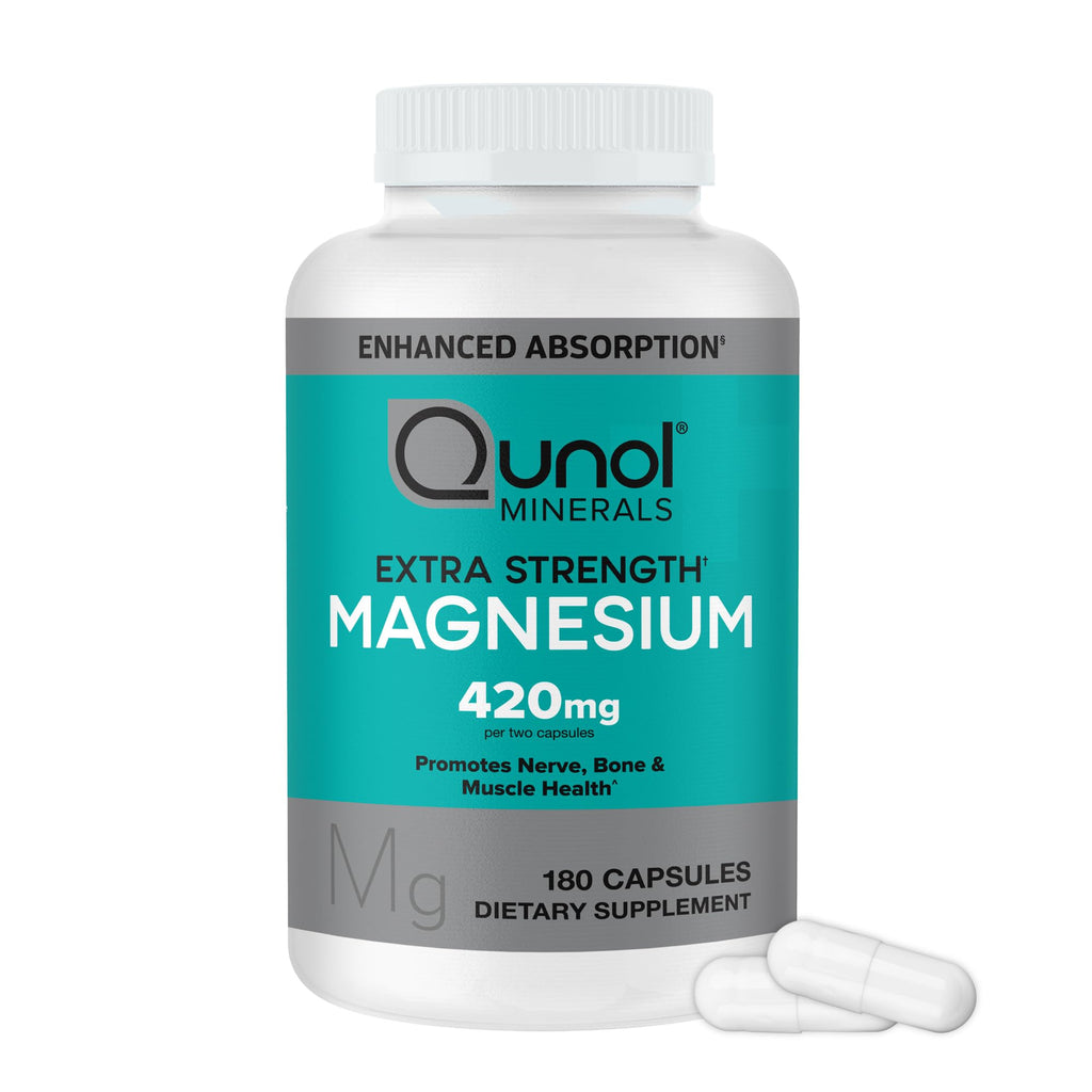 Qunol Magnesium Capsules 420mg, 100% DV, High Absorption Magnesium Supplement, Extra Strength, Bone and Muscle Health Supplement, 180 Count