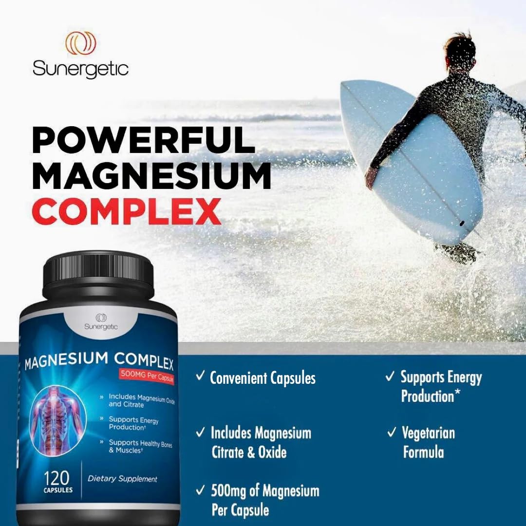Premium Magnesium Citrate Capsules – Powerful 500mg Magnesium Oxide & Citrate Supplement – Helps Support Healthy Bones, Muscles, Teeth, Energy & Relaxation – 120 Vegetable Capsules Sunergetic Au supplements