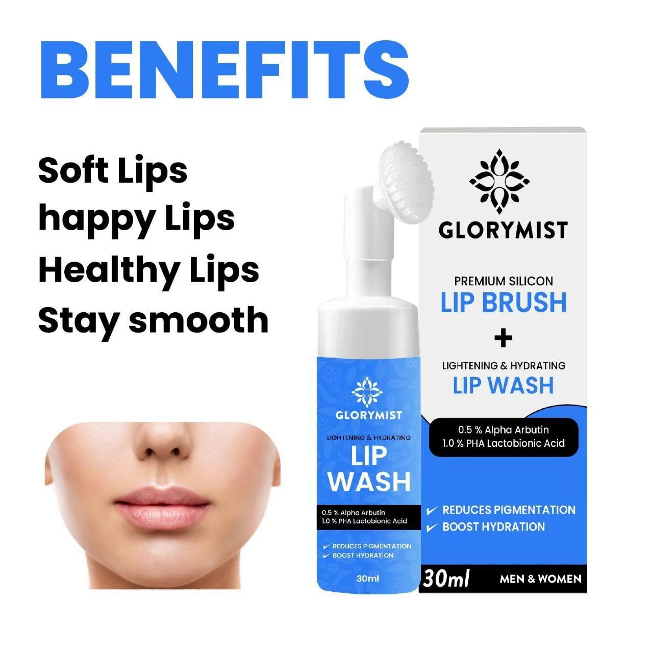 GloryMist All In One Lip Wash & Silicone Brush – Hydrating, Brightening & Exfoliating foaming Cleanser for Dry