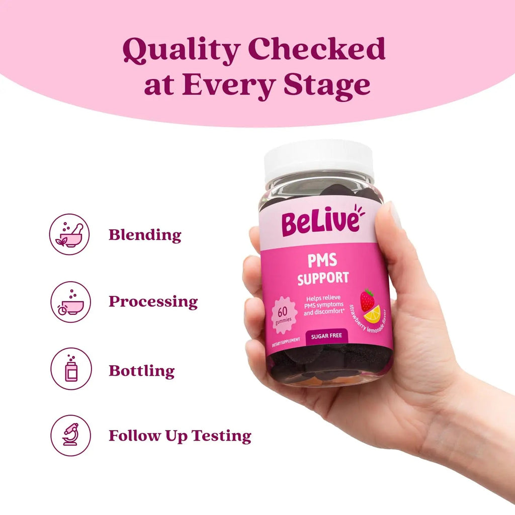 BeLive PMS Support Gummies Supplement – Helps Relieve PMS Symptoms – Hormonal Balance Mood Swings & Cramps Relief, Bloating Support – with Chaste Tree Extract - Strawberry Lemonade Flavor – 60 Count BeLive Au supplements