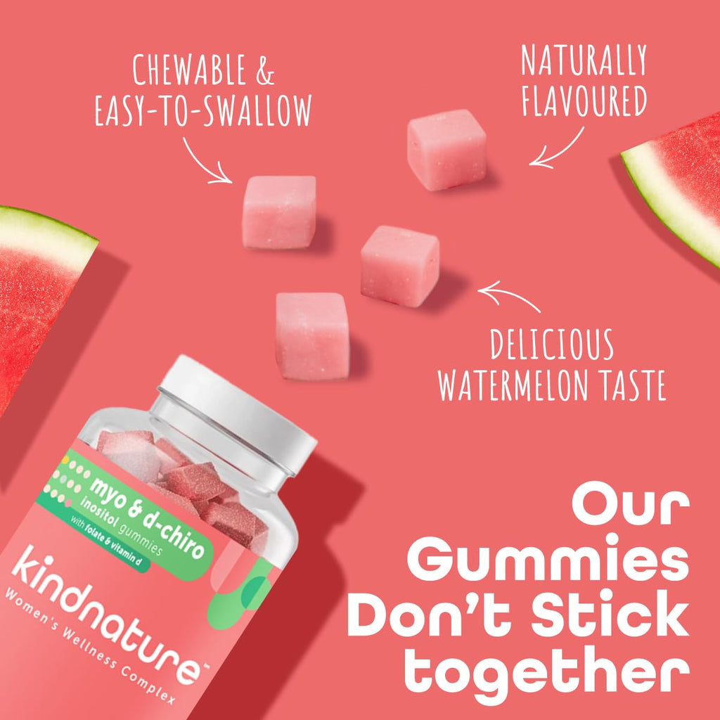 kindnature Myo-Inositol & D-Chiro Inositol Gummies for Women – 2000mg + 50mg, Ideal 40:1 Ratio – with Vitamin D & Folate – Hormone Balance Support – Vegan, Watermelon Flavor (120 Gummies) kindnature Au supplements