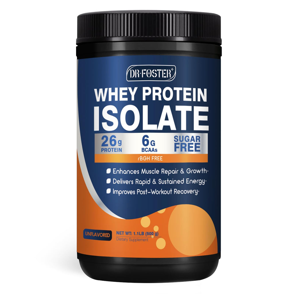 DRFOSTER Whey Protein Powder Isolate - Unflavored, Grass-Fed, 26g Protein & 6g BCAAs for Muscle Growth & Recovery