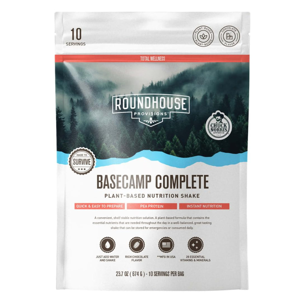 Basecamp Complete Nutrition Shake by Chuck Norris Roundhouse Provisions – Plant-Based Emergency Meal with 18g Protein & 28 Essential Nutrients – Rich Chocolate Flavor – 10 Servings, 3-Year Shelf Life ROUNDHOUSE PROVISION Au supplements