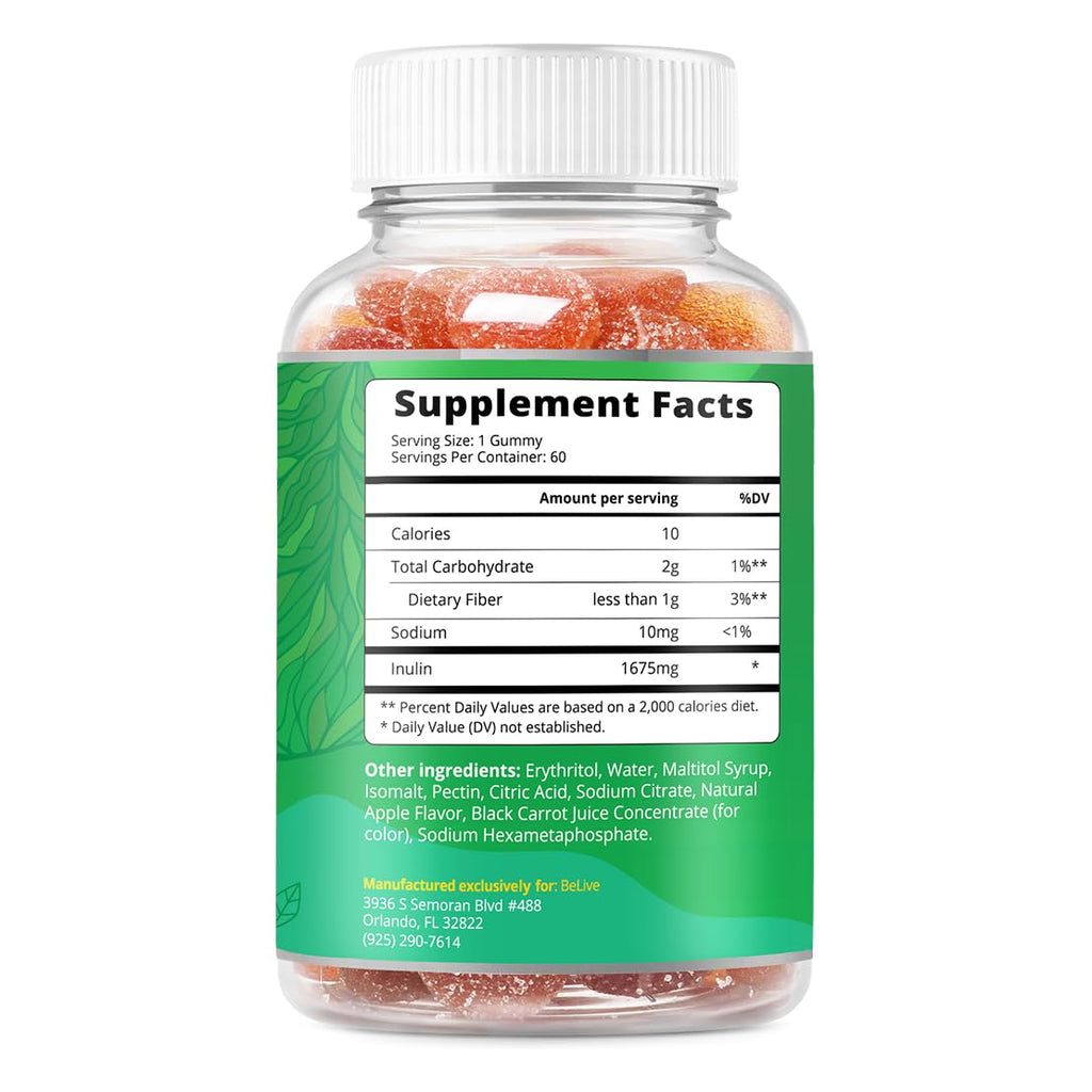 BeLive Fiber Gummies - Sugar Free Prebiotic Digestive Health and Regularity Supplement - Chicory Root & Inulin