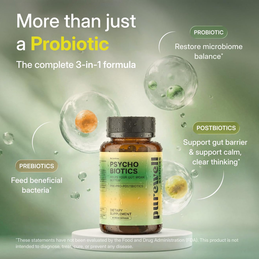 PUREWELL SCIENCES Psychobiotics – Advanced 3-in-1 Probiotic Prebiotic Postbiotic Supplement for Gut and Mood Support - 60 Vegan Probiotic Capsules – 50 Billion CFU – 1-Month Supply PUREWELL SCIENCES Au supplements