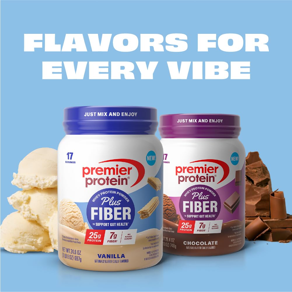 Premier Protein Powder Plus Fiber, Vanilla, 25g Protein, 7g Fiber to Support Gut Health, No Added Sugar (17 Servings)