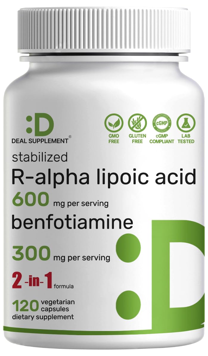 DEAL SUPPLEMENT R Alpha Lipoic Acid 600mg with Benfotiamine 300mg Per Serving, 120 Veggie Capsules – 200mg R-ALA Per Capsule – Antioxidant Supplement