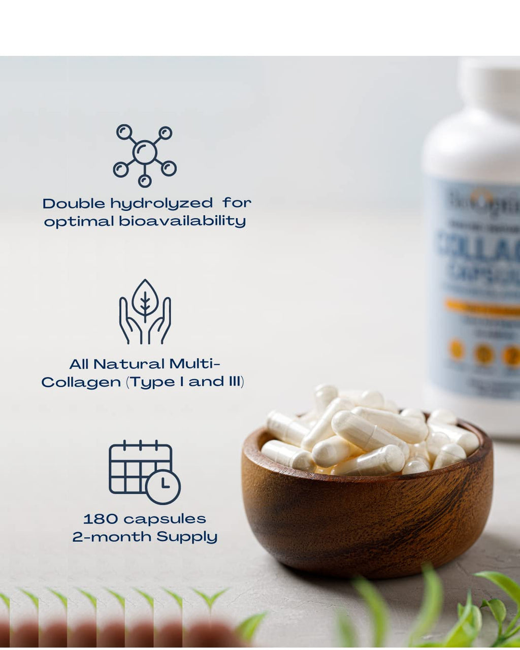 BioOptimal Collagen Peptides Capsules - Grass-Fed, Pasture-Raised Hydrolyzed Protein S]n-GMO, Zero Sugar Daily Pills for Men & Women (180 Capsules)