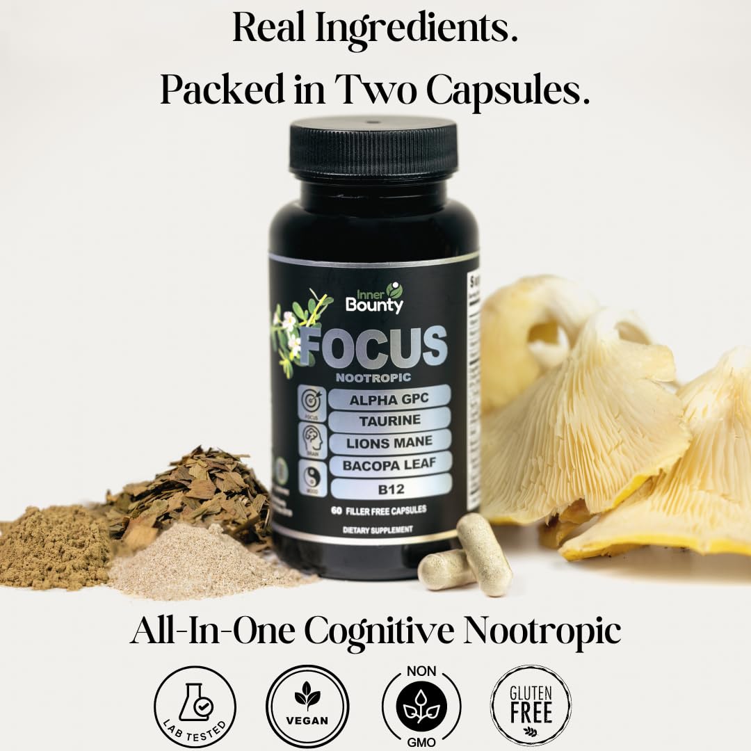 Inner Bounty Focus 14-in-1 Nootropic Brain Supplement with Lions Mane, Alpha GPC Choline, Vitamin C & B12, Taurine, Bacopa - Energy, Cognitive, Memory Support, 60 Filler Free Capsules Inner Bounty Au supplements