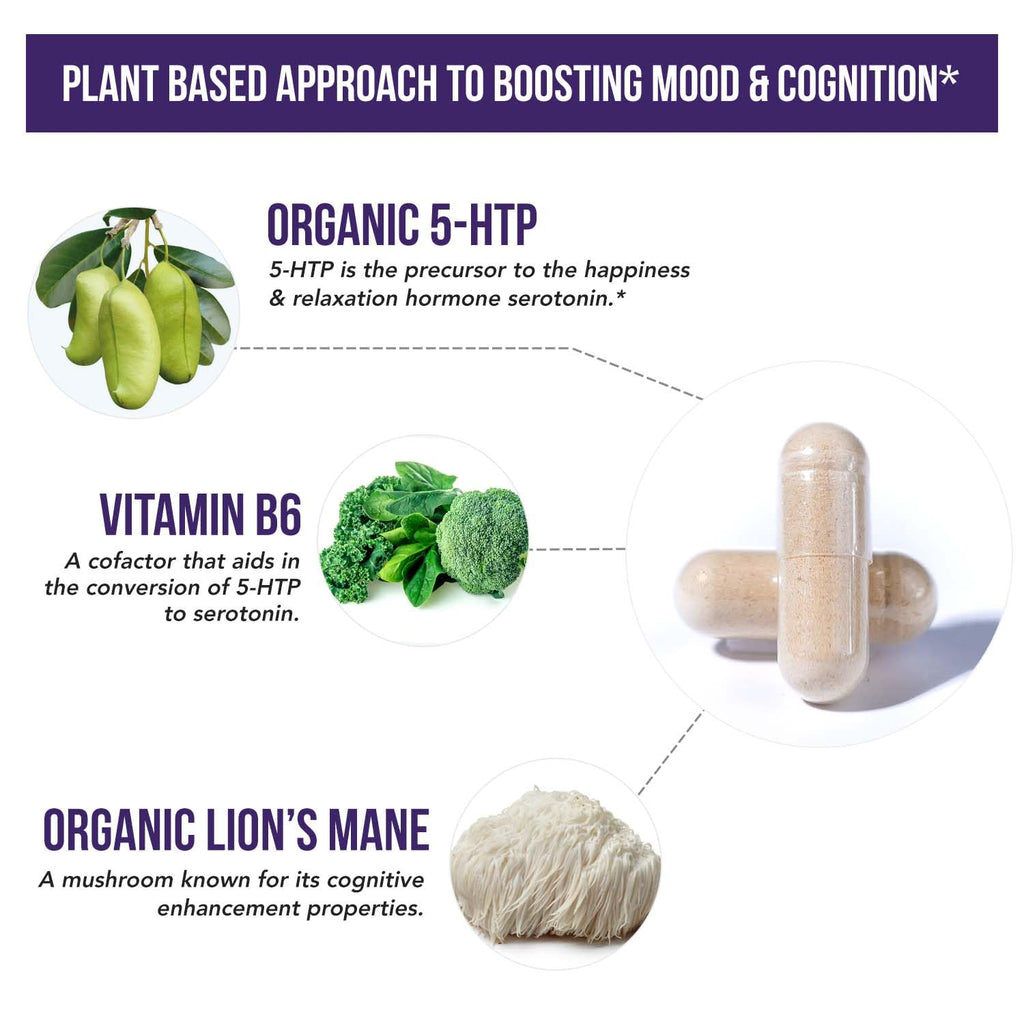 Organic 5-HTP - 200 mg | 99% 5HTP Concentration, Plus Cofactor Vitamin B6 & Lion’s Mane | Water Extracted from Organic Griffonia Seeds | Supports Mood