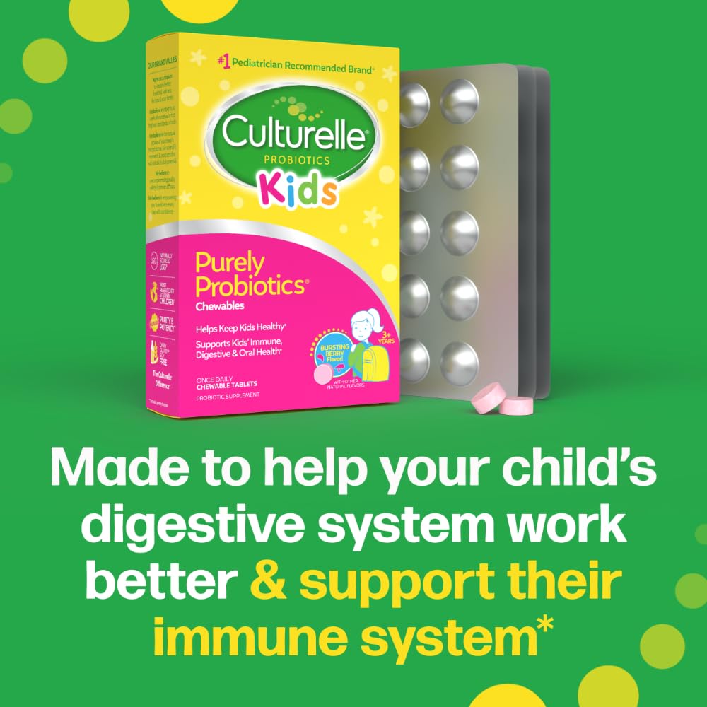 Culturelle Kids Chewable Daily Probiotic for Kids, Ages 3+, 30 Count, #1 Pediatrician-Recommended Brand, Natural Berry Flavored Daily Probiotics