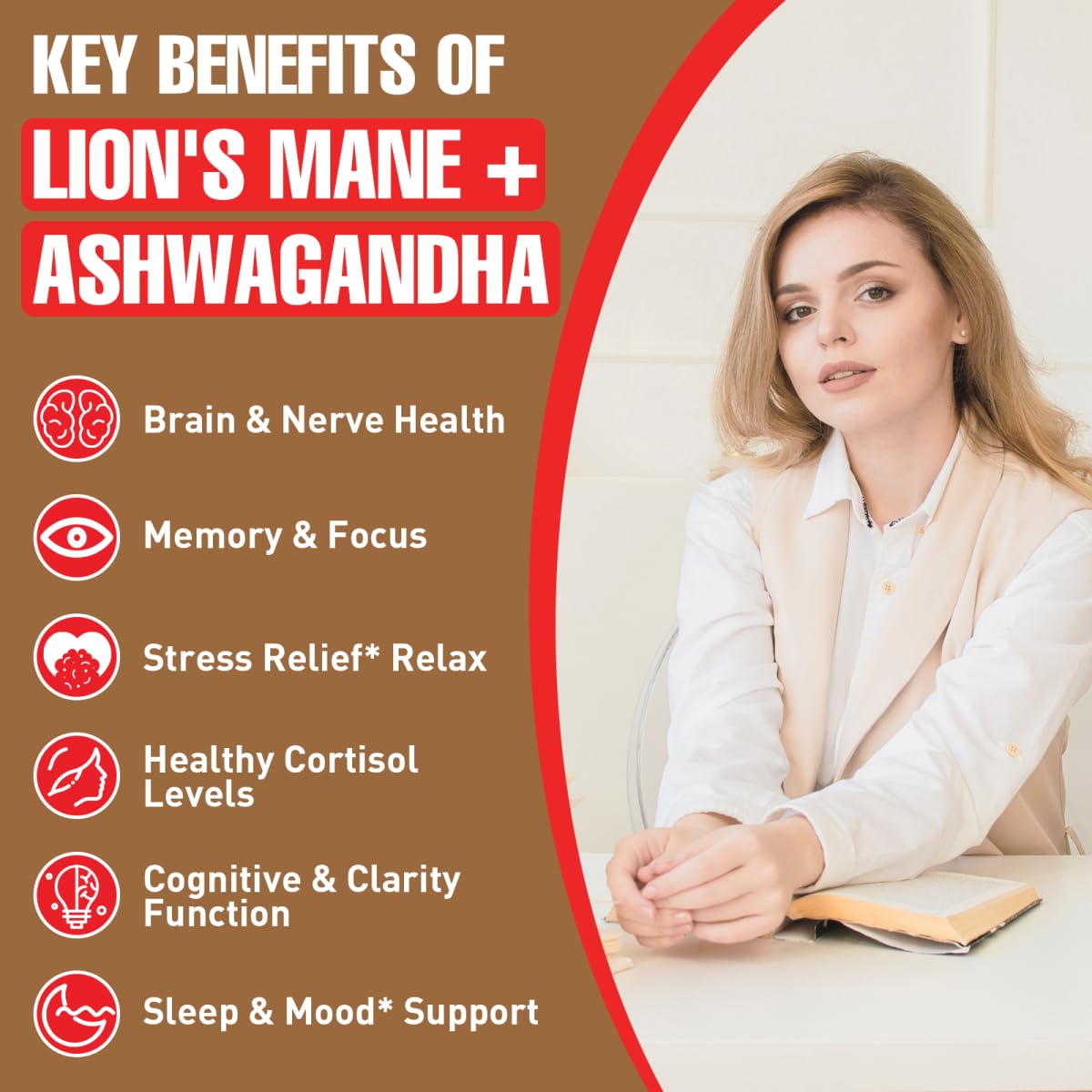 Ashwagandha & Lions Mane Supplements Capsules, Brain Supplements for Memory and Focus, Ashwagandha with Rhodiola Rosea for Cognitive, Immune Support, Cortisol Supplements for Women, 90 Capsules Zylvrax Au supplements