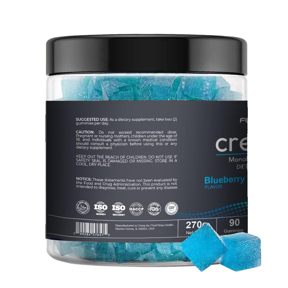FlexPrime Creatine Gummies Sugar Free - 6g Creatine Monohydrate + L-Taurine, Alpha GPC, Betaine | Vegan Halal Blueberry Chews for Lean Muscle, Strength, Brain Health | Men Women 90 Count FlexPrime Au supplements