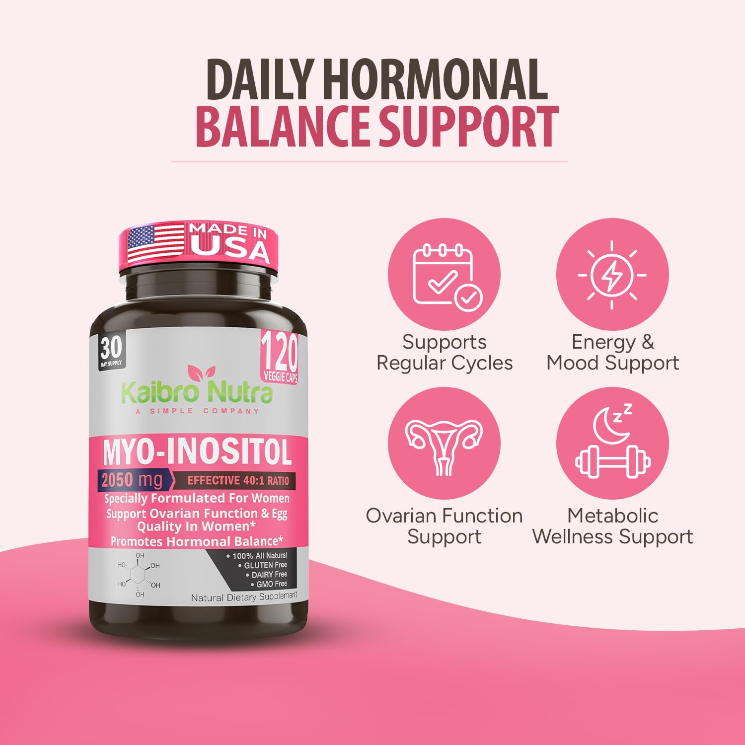 Kaibro Nutra Myo-Inositol Supplement, Myo-Inositol & D-Chiro Inositol 40:1 Ratio, Hormone Balance & Ovarian Support for Women with Vitamin B8, 2050mg, Vegan, Non-GMO Capsules 120 Count Kaibro Nutra Au supplements