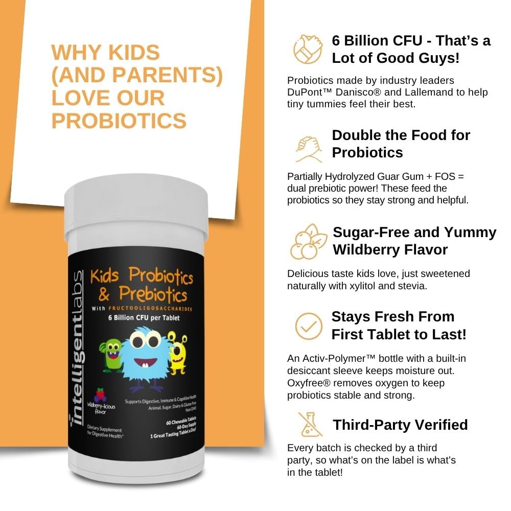 Intelligent Labs Kids/Children Probiotics 6 Billion CFU with Prebiotics, PHGG & FOS, Once-Daily Chewable, Great Taste, 10x Effectiveness