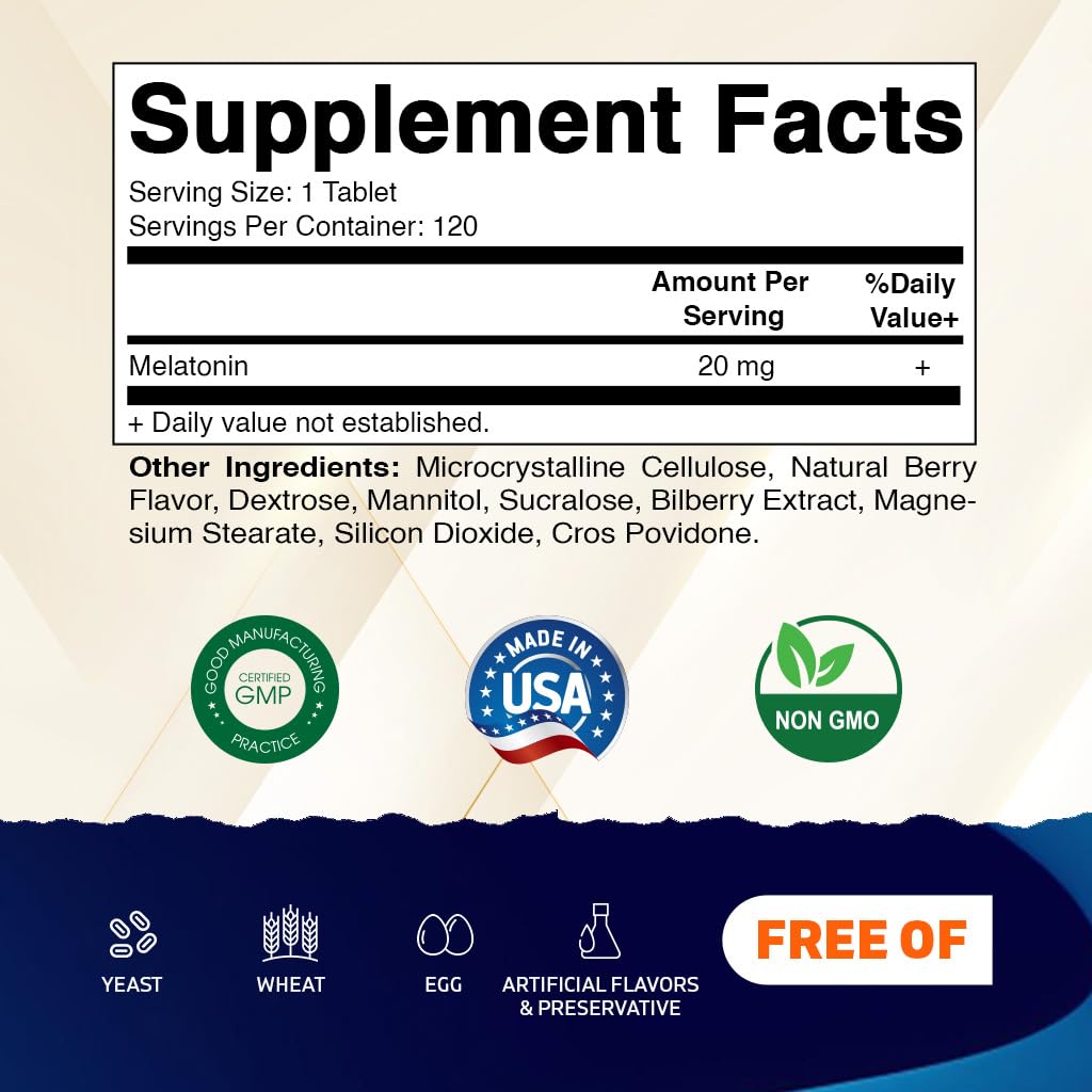 Vitamatic Melatonin 20mg for Sleep Support | Vegetarian, Non-GMO, Gluten Free | HIGH Potency 20 MG | Natural Berry Flavor 120