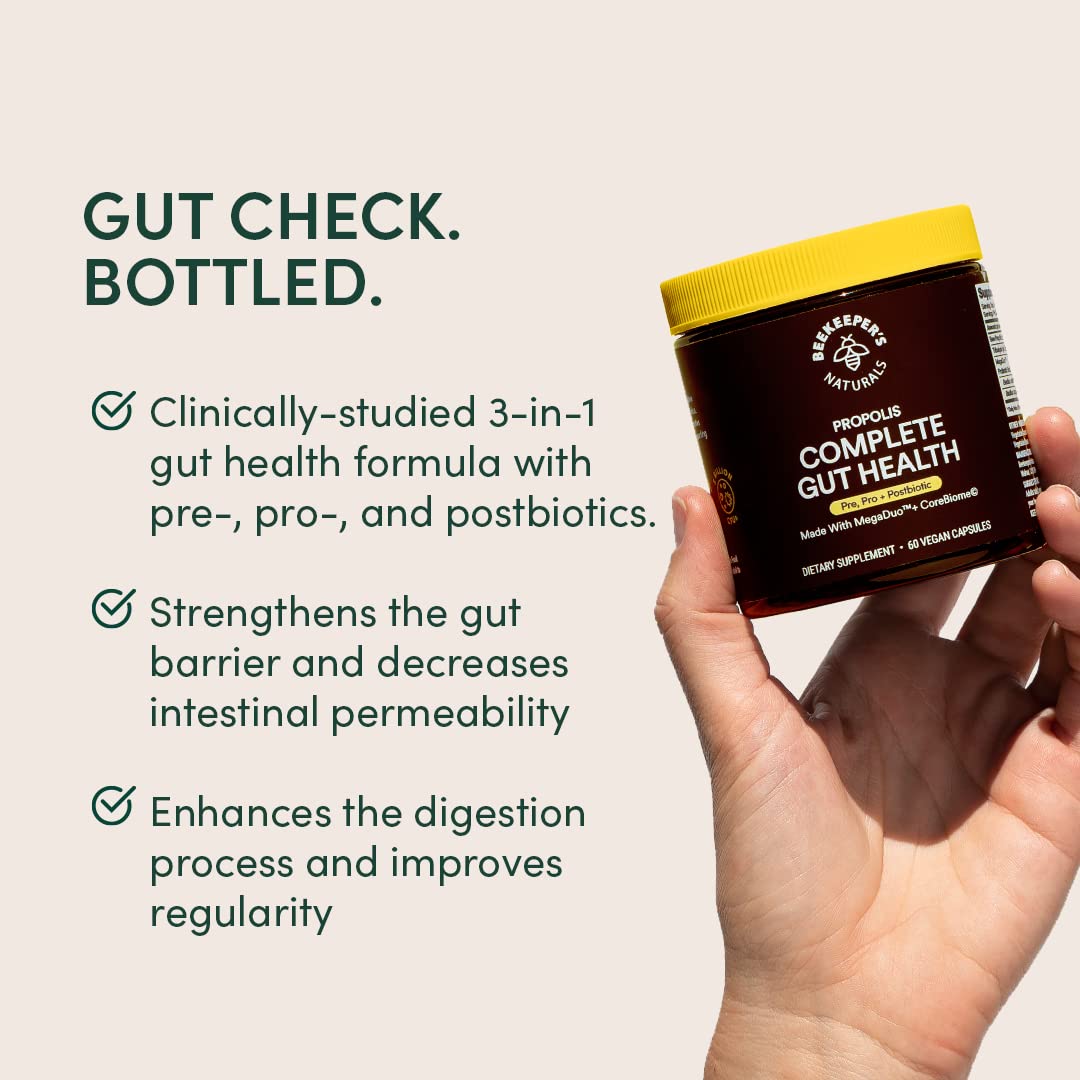 Complete Gut Health by Beekeeper's Naturals, 3-in-1 Prebiotic, Postbiotic, Probiotics for Digestive Health & Bloating Relief for Women & Men