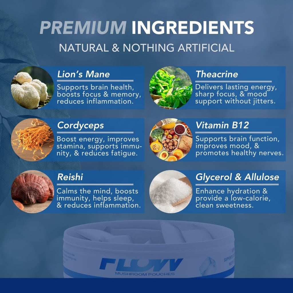 Flow Pouches Mushroom Nootropic Pouches - 600mg Organic Mushroom Energy Ultra Pouches with Lion's Mane, Reishi, Cordyceps for Focus & Clean Energy - Zero Caffeine or Sugar (5 Can Pack, Cool Mint) Flow Pouches Au supplements