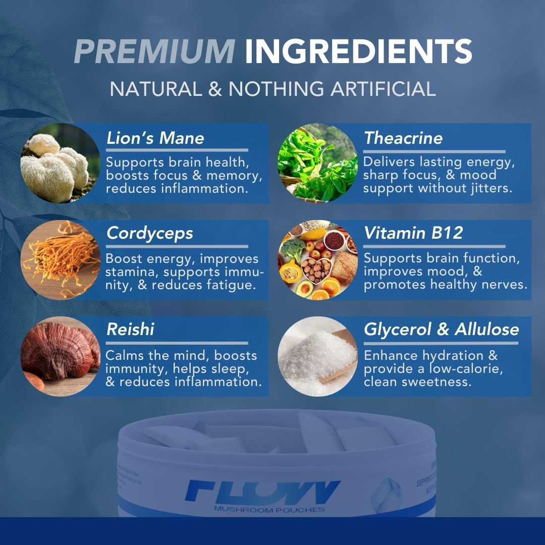 Flow Pouches Mushroom Nootropic Pouches - 600mg Organic Mushroom Energy Ultra Pouches with Lion's Mane, Reishi, Cordyceps for Focus & Clean Energy - Zero Caffeine or Sugar (5 Can Pack, Cool Mint) Flow Pouches Au supplements
