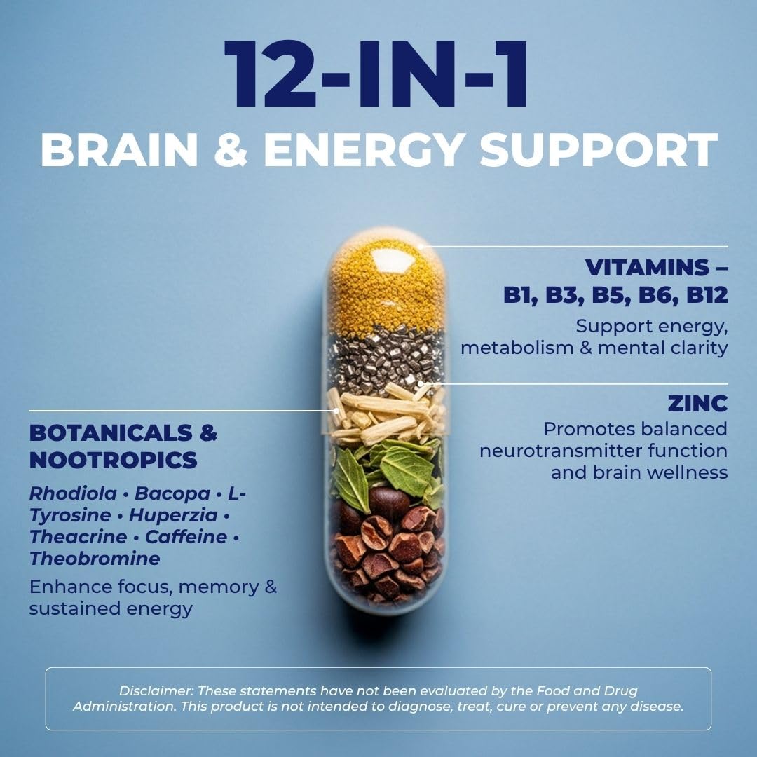 Vital Nootropic 12-in-1 Brain Supplement for Memory, Focus & Energy Support – L-Tyrosine, Bacopa, Rhodiola, Caffeine, B Vitamins – Cognitive Balance Capsules for Men & Women-30 Days Supply VITAL NUTRITIVE Au supplements