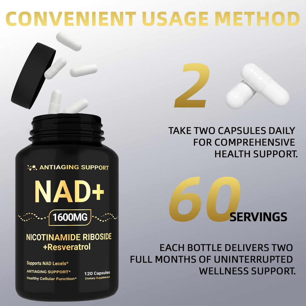 NAD Supplement 1600mg, NAD+ with Resveratrol & Nicotinamide Riboside, Anti-Aging Support, Cellular Energy & Mental Clarity Support, Vegan Non-GMO, 120 Capsules ANTIAGING SUPPORT Au supplements