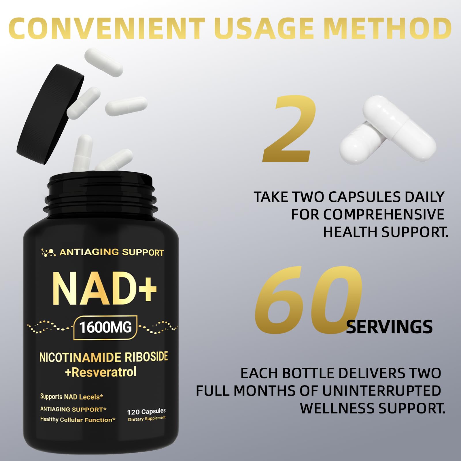 NAD Supplement 1600mg, NAD+ with Resveratrol & Nicotinamide Riboside, Anti-Aging Support, Cellular Energy & Mental Clarity Support, Vegan Non-GMO, 120 Capsules ANTIAGING SUPPORT Au supplements