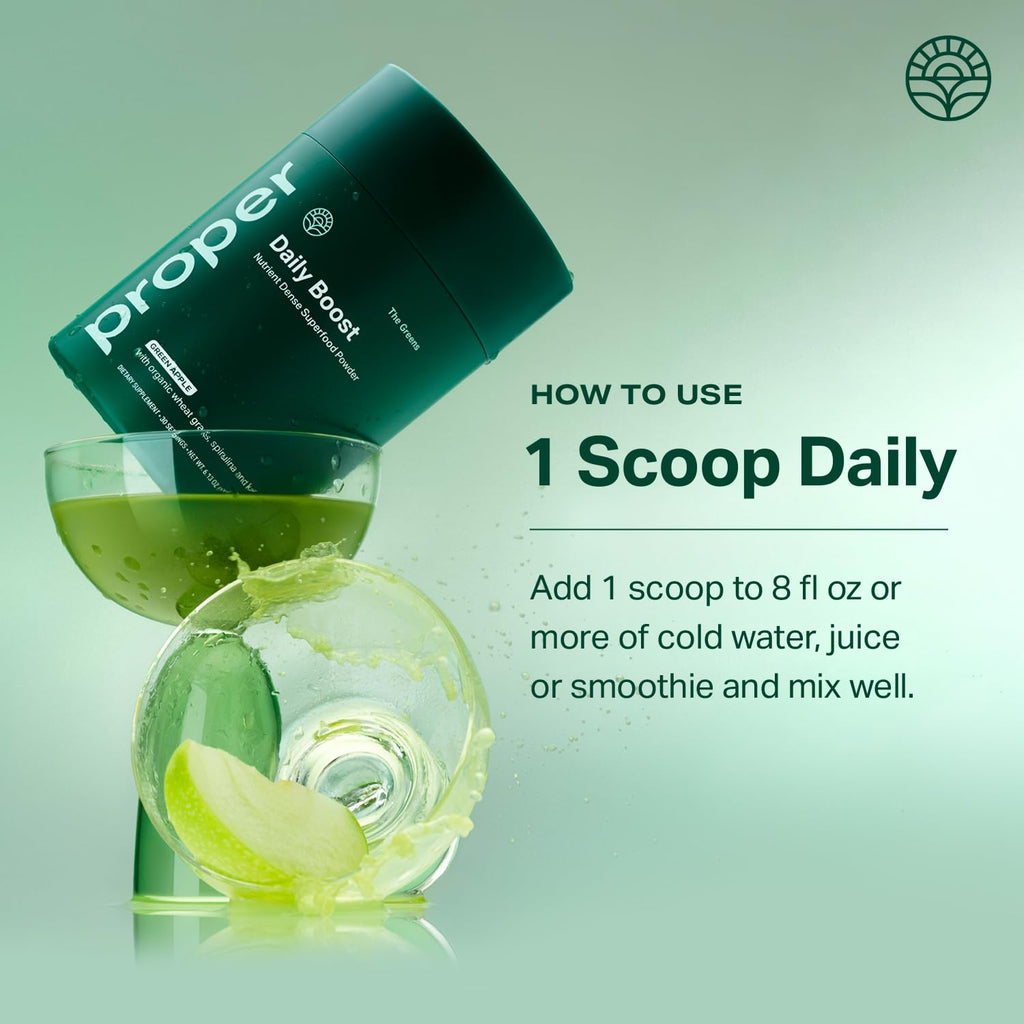 Proper, The Greens Daily Boost Organic Greens Powder. Whole Food, Apple Flavour Veggie Powder Superfood with Wheatgrass, Spirulina, Chlorella, Probiotics.