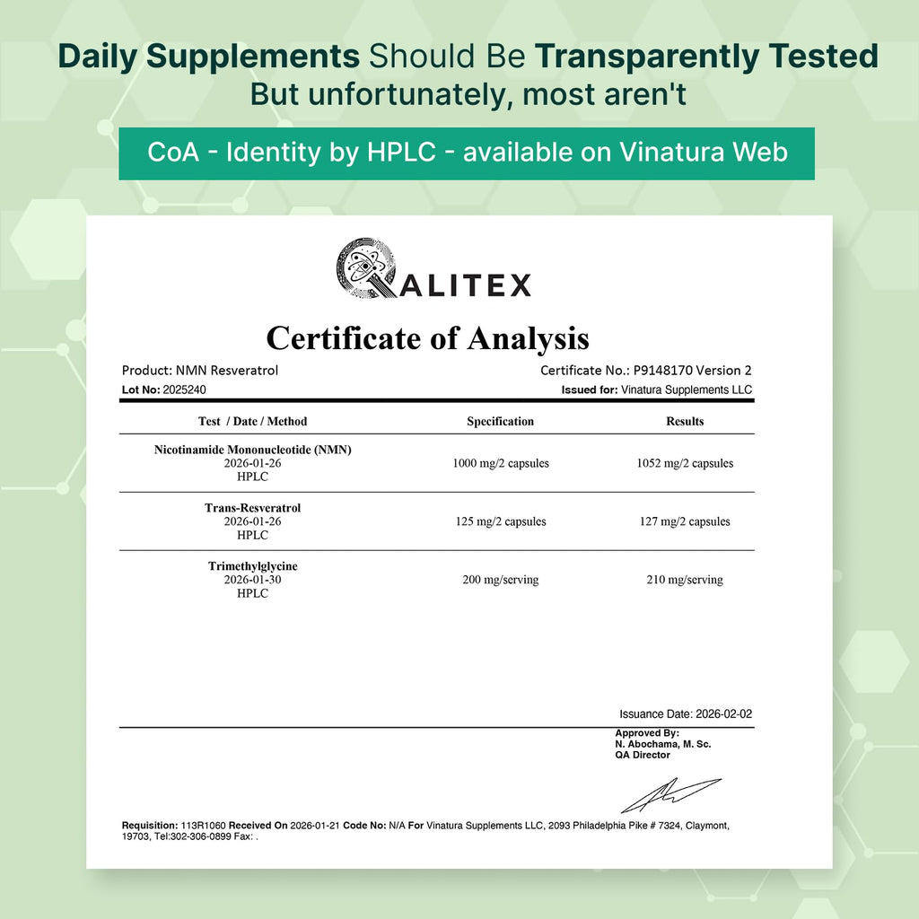 VINATURA NMN Complex Supplement 1325MG - NMN 1000mg with Resveratrol and TMG, Support NAD+, 60 Capsules VINATURA Au supplements