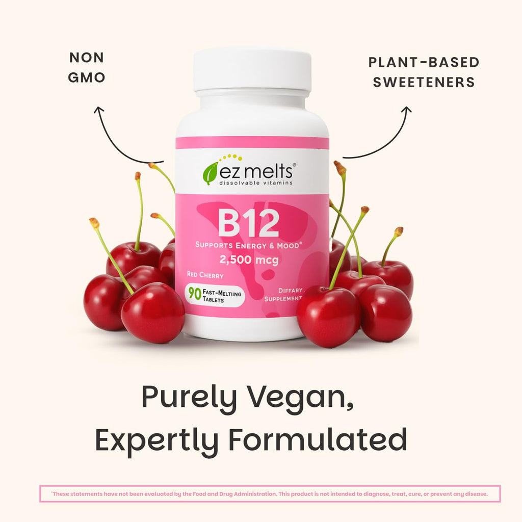 EZ Melts Dissolvable B12 2,500 mcg - Vitamin B12 for Energy & Immune Support - Non-GMO, Vegan & Gluten-Free