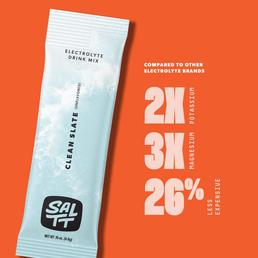SALTT Electrolytes Powder Unflavored Drink Mix - Clean Slate - 30 Hydration Packets - Magnesium, Potassium, Sodium, Trace Minerals - Zero Sugar