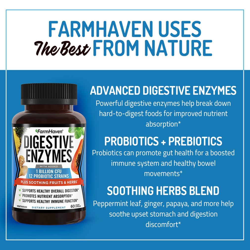 FarmHaven Digestive Enzymes with 18 Probiotics & Herbs | Papaya, Bromelain, Protease & More for Lactose Absorption & Better Digestion | Helps Bloating
