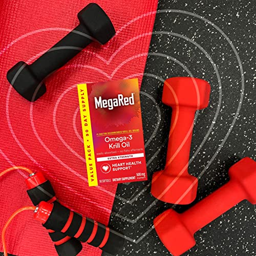 MegaRed Antarctic Krill Oil 500mg Omega 3 Fatty Acid Supplement, Extra Strength EPA & DHA Krill Oil Softgels (90cnt Box), Astaxanthin