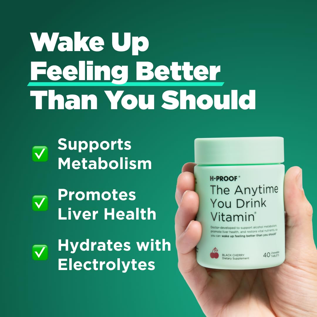 H-PROOF The Anytime You Drink Vitamin, Liver Health & Immunity Support with Electrolytes, Milk Thistle, and Vitamins B & C - 40 Chewable Tablets