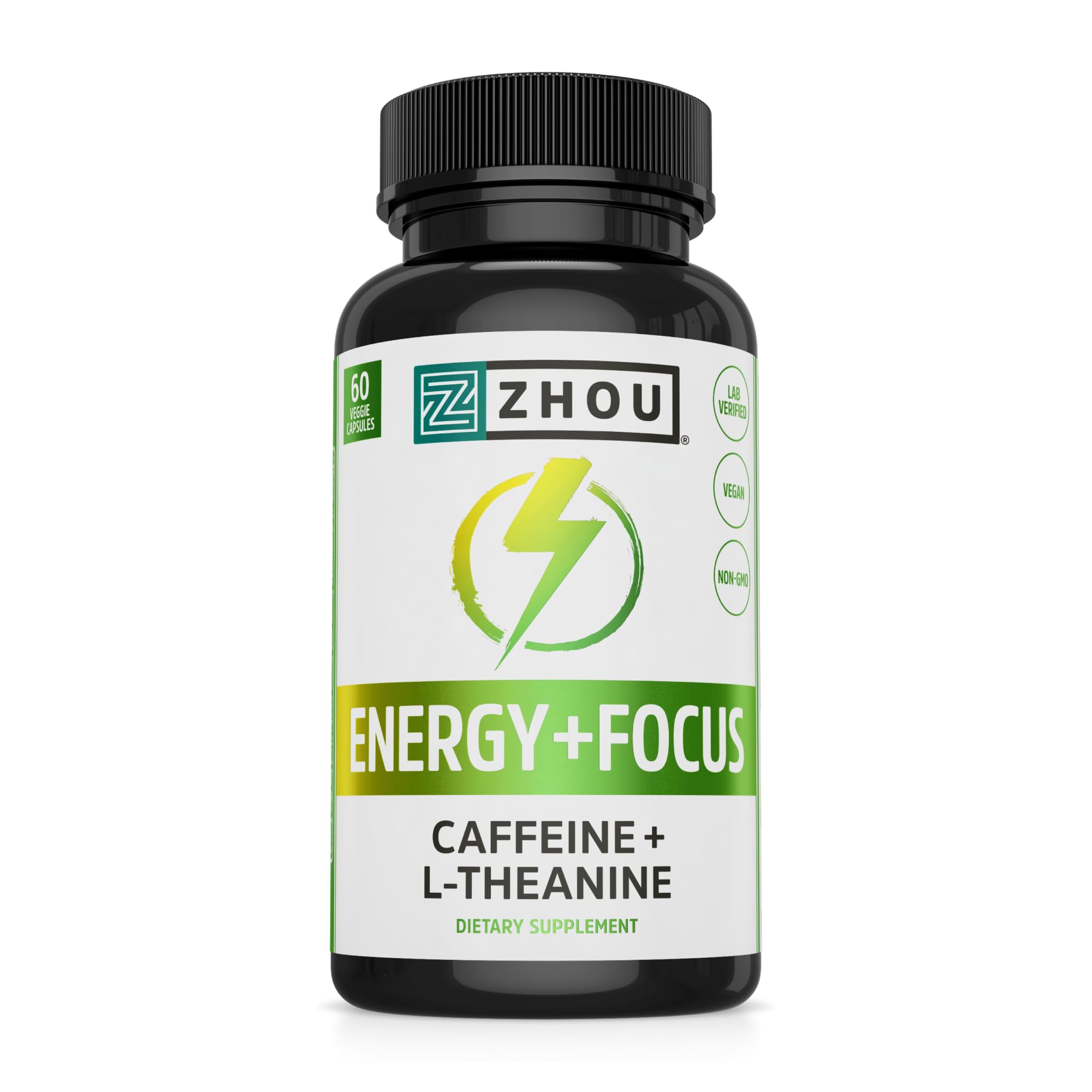 Zhou Energy + Focus - L Theanine Caffeine Pills, 200mg L-Theanine, 100mg Natural Anhydrous Caffeine Boost for Adults, Men & Women, Slow Extended Release - 60 Vegetarian Capsules (Pack of 1) ZHOU Au supplements