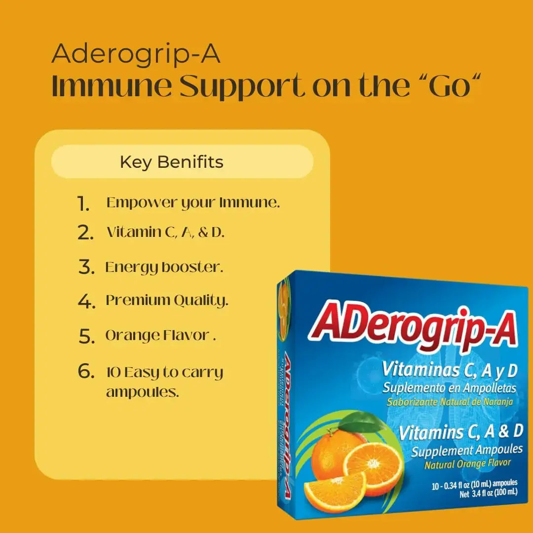 Aderogripa Immune Support Vitamins C, A & D | Liquid Supplement | 10 Natural Orange Flavor Ampoules | Boost Your Immune System ADEROGRIP-A Au supplements