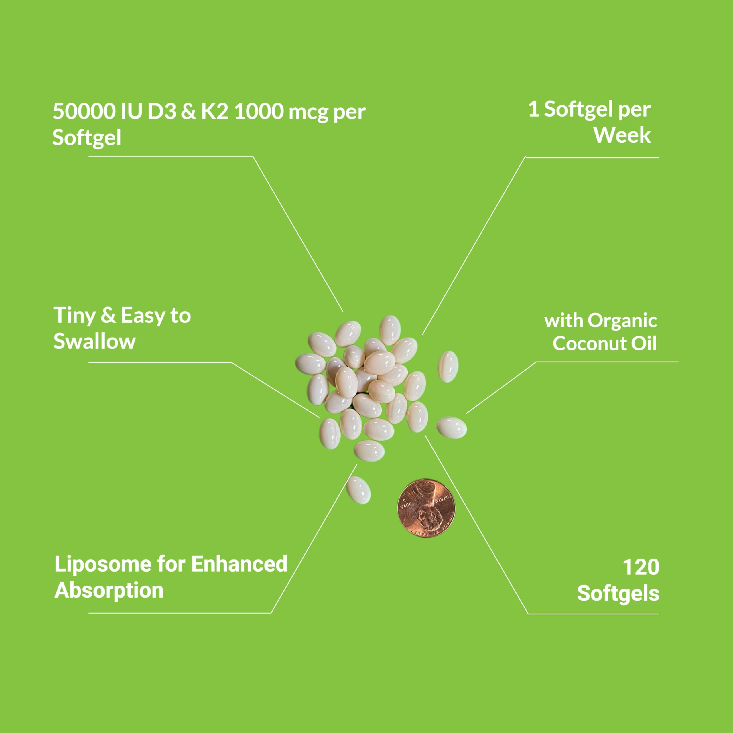 UpNourish Liposomal Vitamin D3 50000 IU (Vitamina D3 de 50000) with 1000 mcg Vitamin K, High Dose Vitamin D3 K2, Vitamin D 50000 IU with K1, K2 MK-4 and MK-7, 120 Mini Softgels UpNourish Au supplements