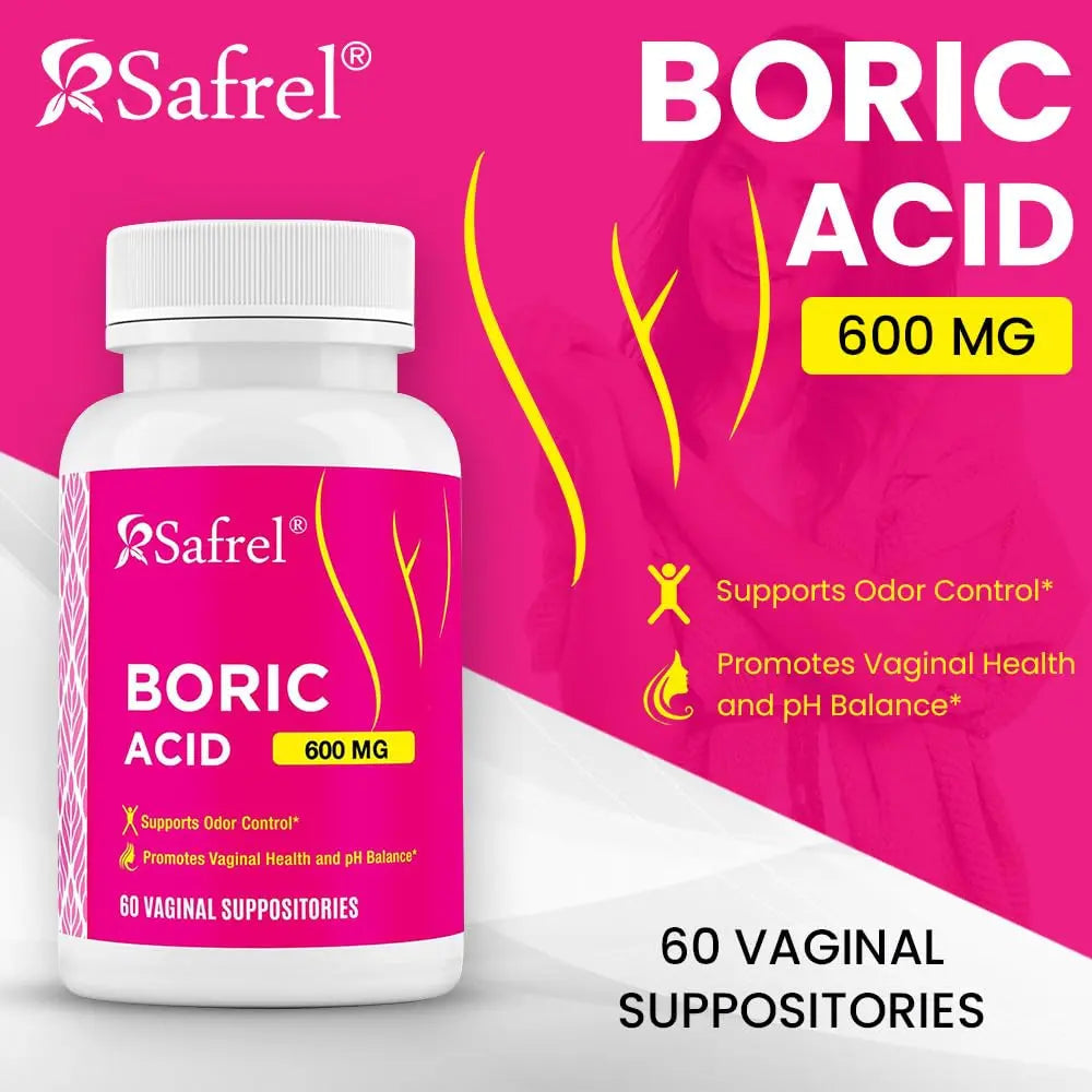 Safrel Boric Acid Vaginal Suppositories - 60 Count (1-Pack) – 100% Pure USA-Made, Supports Intimate Safrel Au supplements