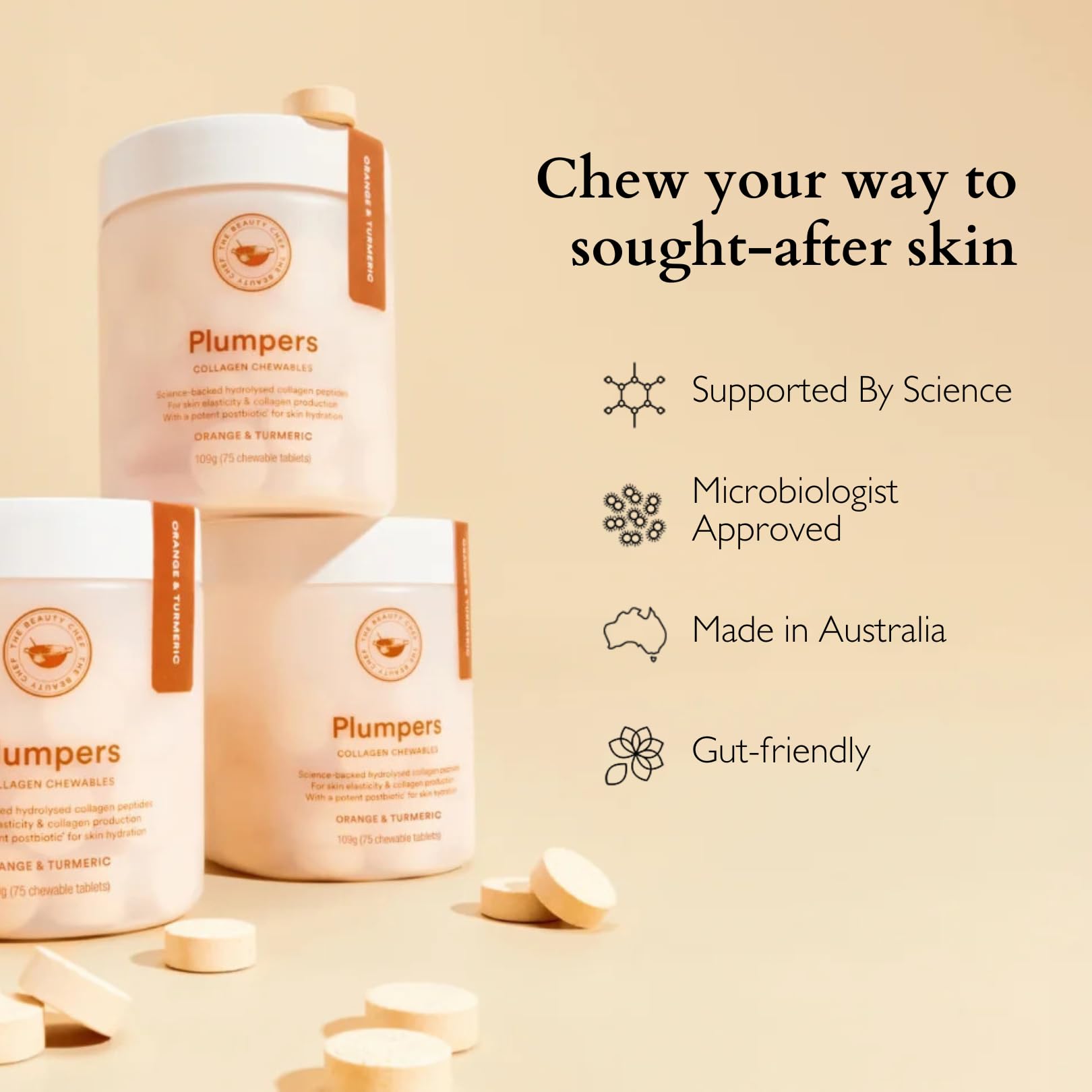 The Beauty Chef Plumpers™ Collagen Chewable Tablets with Hyaluronic Acid & Postbiotic, Supports Skin Elasticity & Collagen, Women's Multivitamin, Collagen Peptides, 75 Tablets (Orange & Turmeric) The Beauty Chef Au supplements