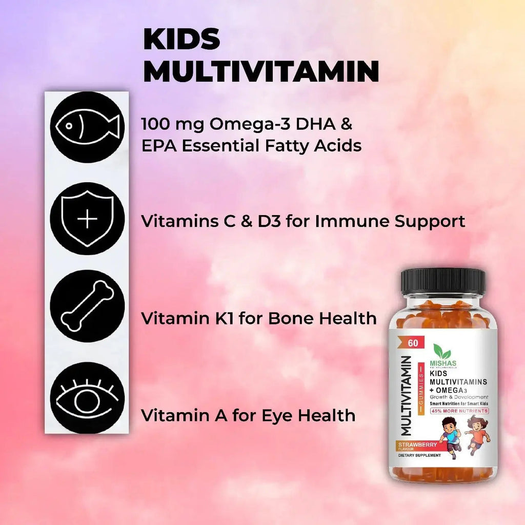 Mishas Nutraceuticals Kids Multivitamin Gummies with Omega 3 Fish Oil (EPA/DHA), Vitamin D3, C, B12, B6, Vitamin A, K & Zinc Immune Support Mishas Au supplements