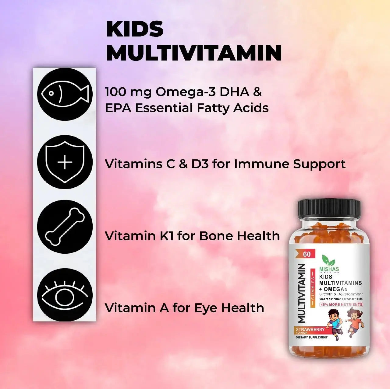 Mishas Nutraceuticals Kids Multivitamin Gummies with Omega 3 Fish Oil (EPA/DHA), Vitamin D3, C, B12, B6, Vitamin A, K & Zinc Immune Support Mishas Au supplements