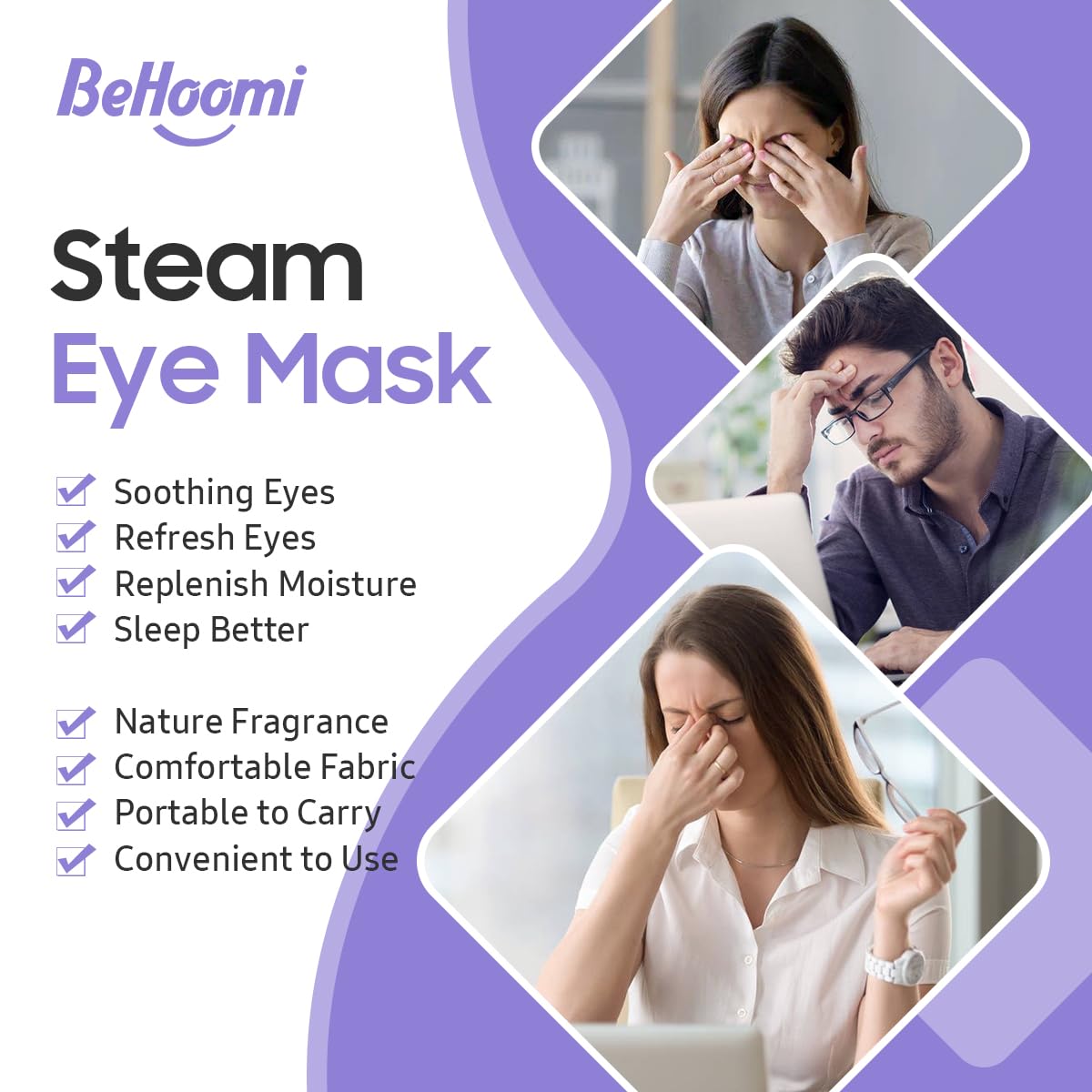 BeHoomi Steam Eye Mask, 10 Packs Heated Eye Mask, Self Heating Disposable SPA Warm Compress for Eyes Sleep Mask, Travel Essentials